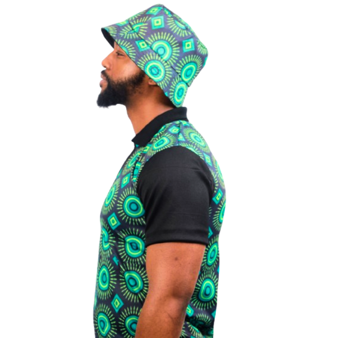 Green Ahanta ShweShwe Heritage African Golf Shirt with Matching Bucket Hat by Tribe Afrique - Tribe Afrique