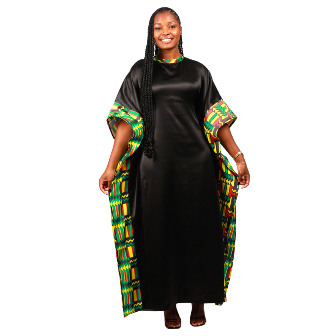 Green Kente on Black Satin African Bubu Dress by Tribe Afrique (Kaftan) - Tribe Afrique