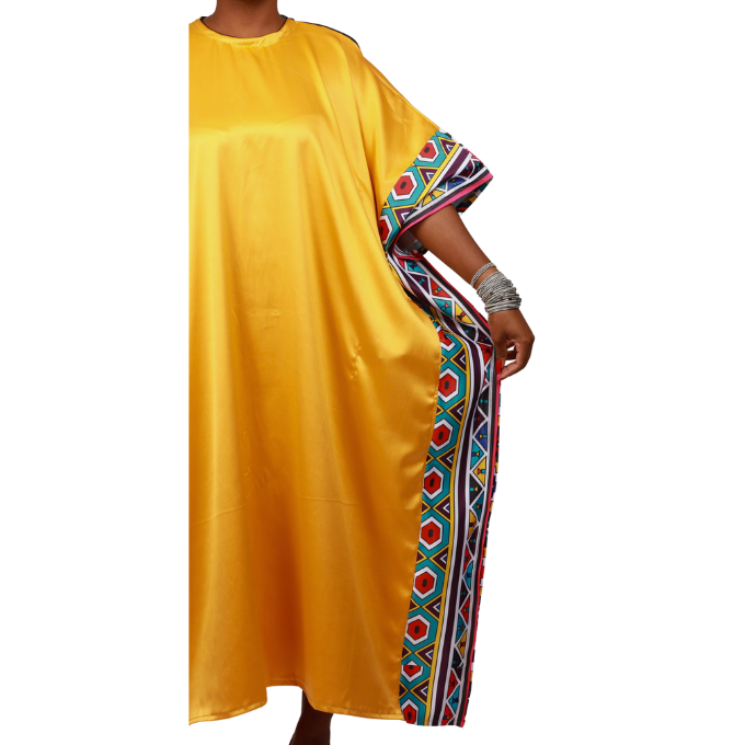 New Ndebele on Yellow Satin African Bubu Dress by Tribe Afrique (Kaftan) - Tribe Afrique