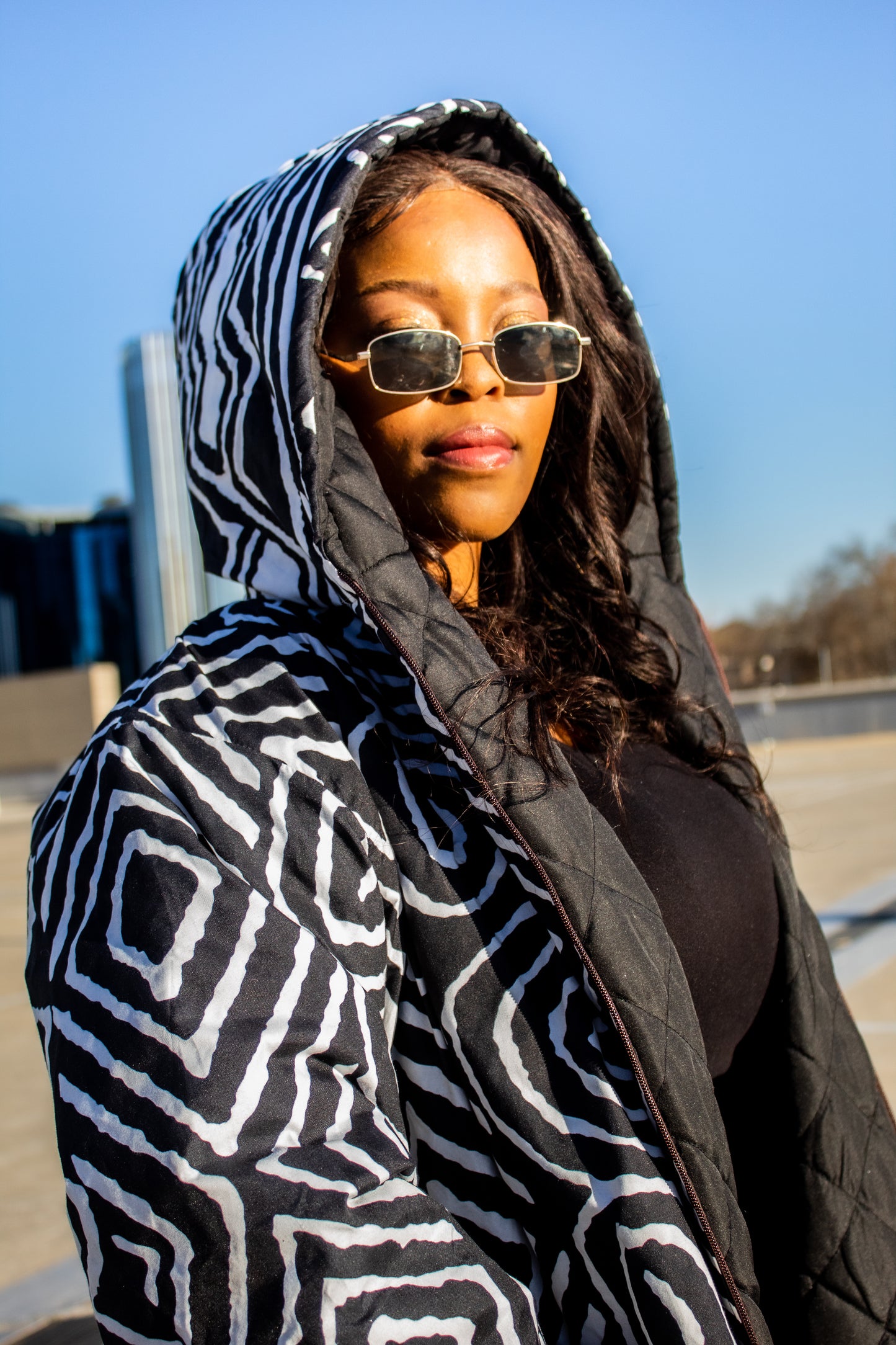 Black & White Zebra Extra Long Jacket with Removable hood Tribe Afrique