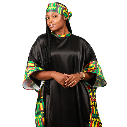 Green Kente on Black Satin African Bubu Dress by Tribe Afrique (Kaftan) - Tribe Afrique
