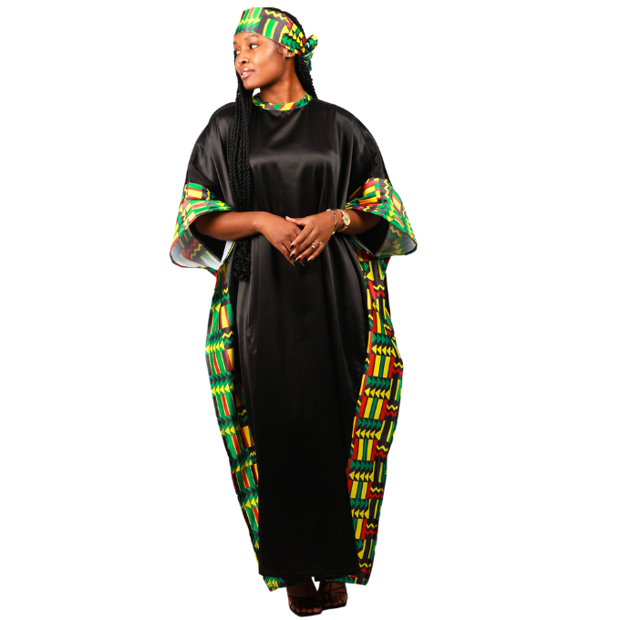 Green Kente on Black Satin African Bubu Dress by Tribe Afrique (Kaftan) - Tribe Afrique
