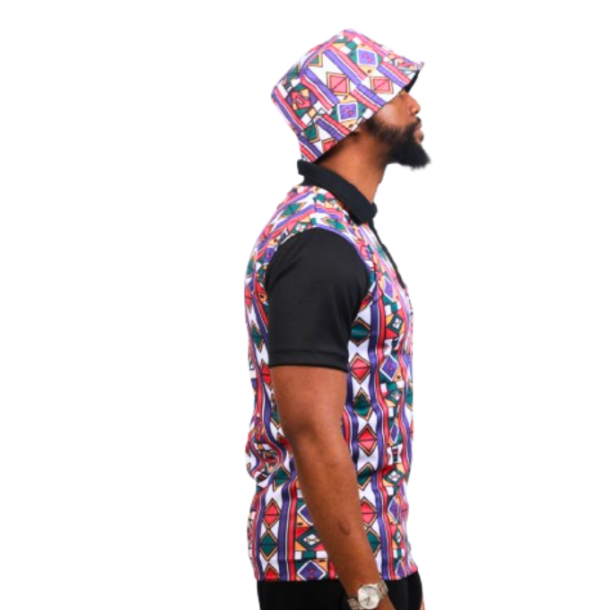 Full Ndebele Heritage African Golf Shirt with Matching Bucket Hat by Tribe Afrique - Tribe Afrique