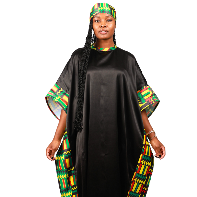 Green Kente on Black Satin African Bubu Dress by Tribe Afrique (Kaftan) - Tribe Afrique
