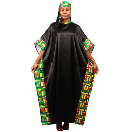 Green Kente on Black Satin African Bubu Dress by Tribe Afrique (Kaftan) - Tribe Afrique