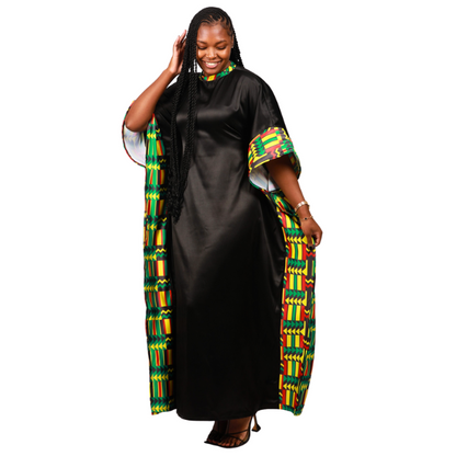 Green Kente on Black Satin African Bubu Dress by Tribe Afrique (Kaftan) - Tribe Afrique