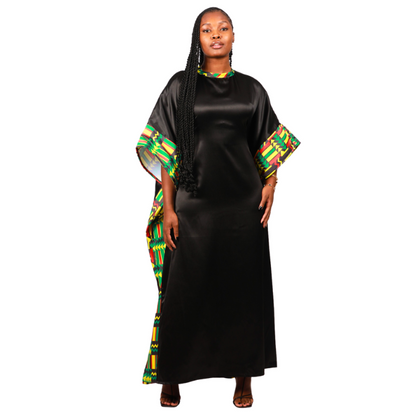Green Kente on Black Satin African Bubu Dress by Tribe Afrique (Kaftan) - Tribe Afrique