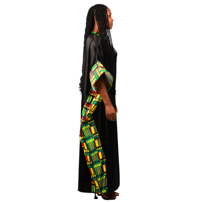 Green Kente on Black Satin African Bubu Dress by Tribe Afrique (Kaftan) - Tribe Afrique