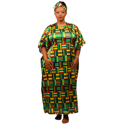 Green Kente Satin Bubu Dress by Tribe Afrique (Kaftan) - Tribe Afrique