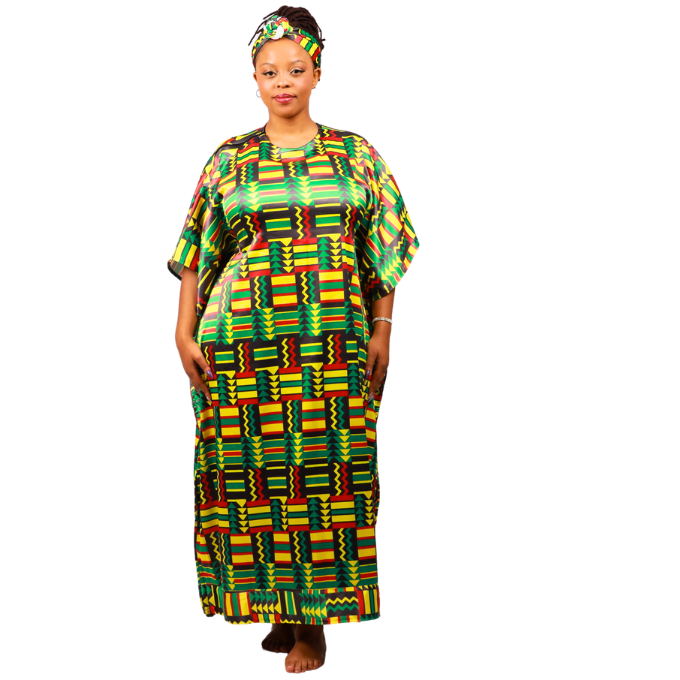 Green Kente Satin Bubu Dress by Tribe Afrique (Kaftan) - Tribe Afrique