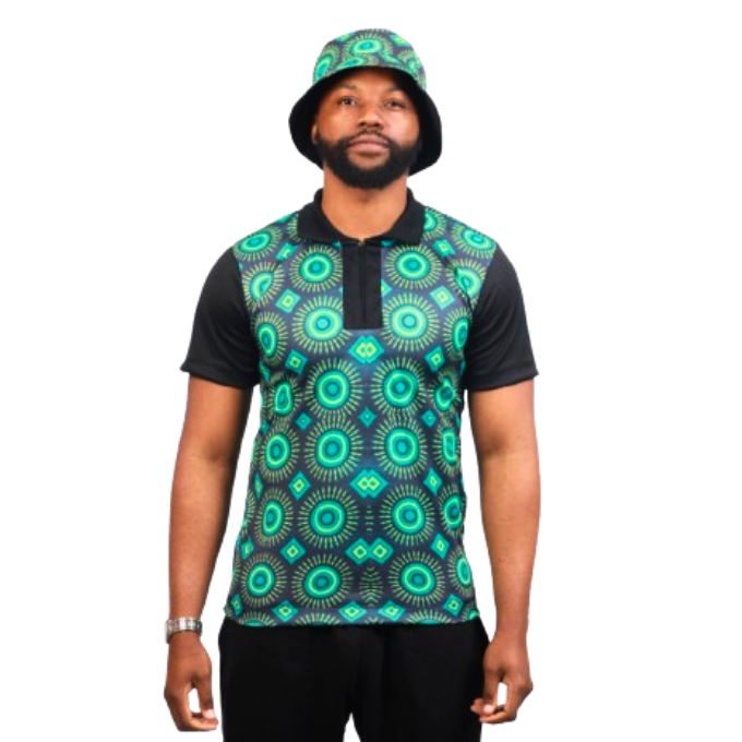 Green Ahanta ShweShwe Heritage African Golf Shirt with Matching Bucket Hat by Tribe Afrique - Tribe Afrique