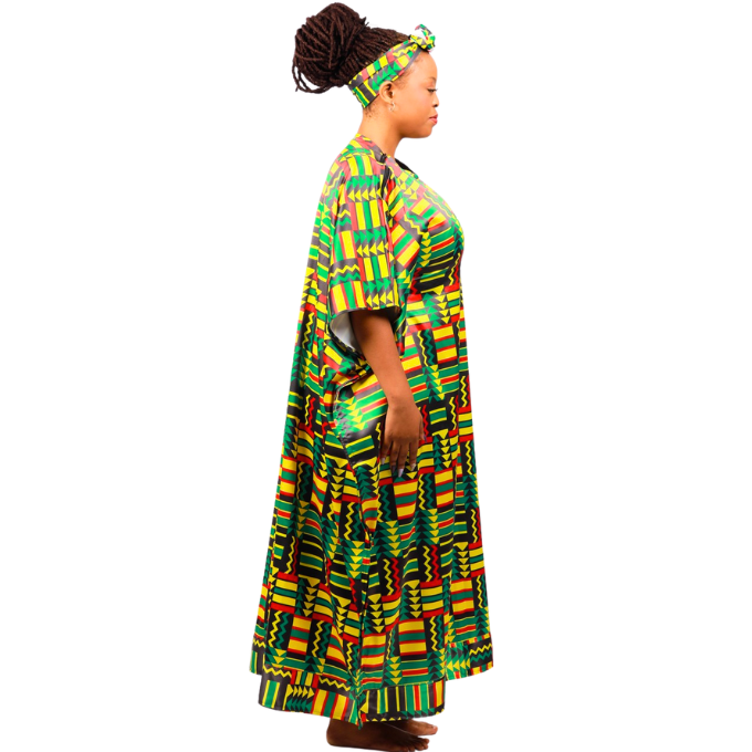 Green Kente Satin Bubu Dress by Tribe Afrique (Kaftan) - Tribe Afrique