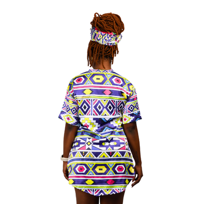 Luxury Blue Ndebele Heritage Tunic Shirt with Matching Head Wrap