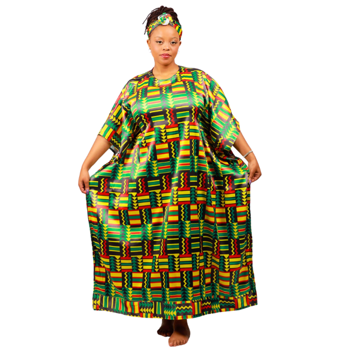 Green Kente Satin Bubu Dress by Tribe Afrique (Kaftan) - Tribe Afrique