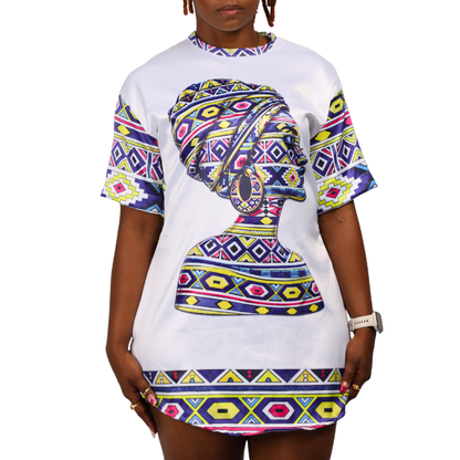 Luxury Blue Ndebele Heritage Tunic Shirt with Matching Head Wrap