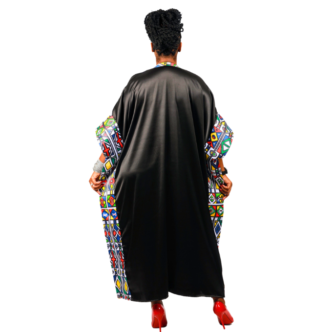 Ndebele Reloaded on Black Satin African Bubu Dress by Tribe Afrique (Kaftan) - Tribe Afrique