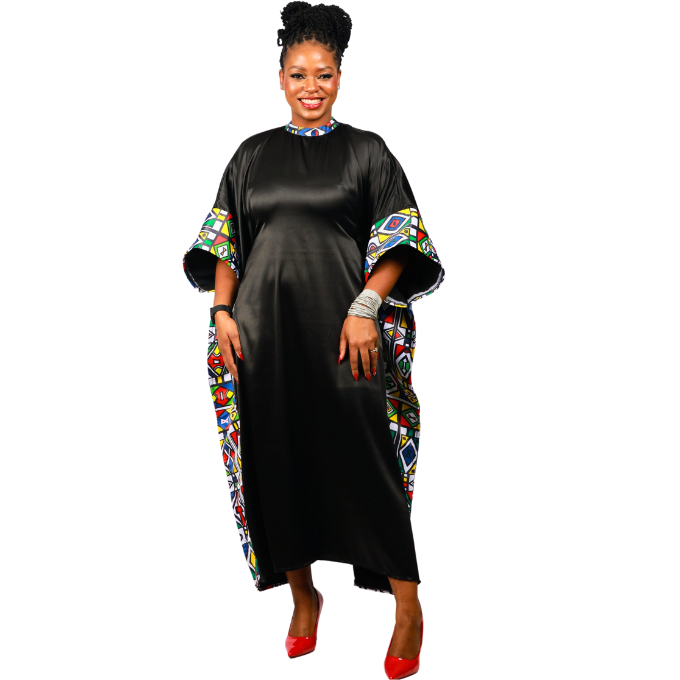 Ndebele Reloaded on Black Satin African Bubu Dress by Tribe Afrique (Kaftan) - Tribe Afrique