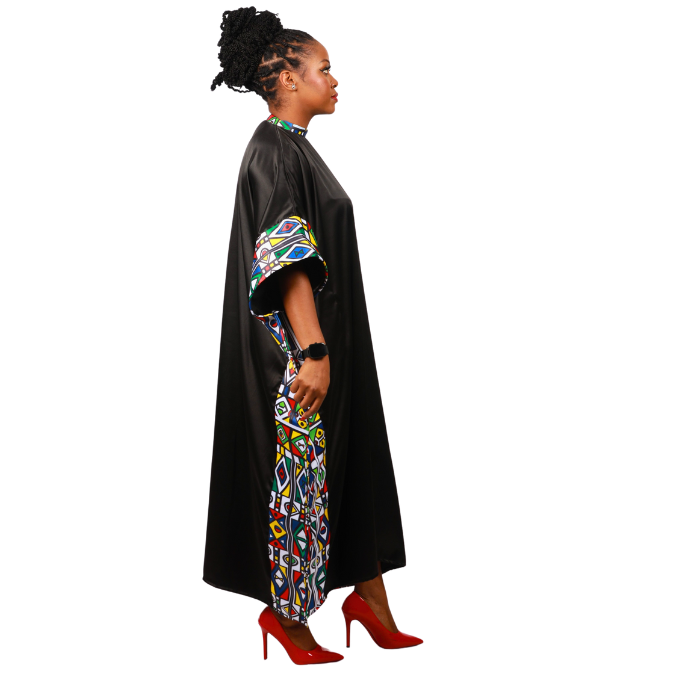 Ndebele Reloaded on Black Satin African Bubu Dress by Tribe Afrique (Kaftan) - Tribe Afrique