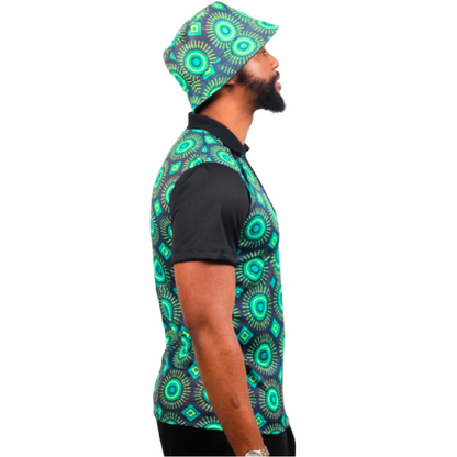 Green Ahanta ShweShwe Heritage African Golf Shirt with Matching Bucket Hat by Tribe Afrique - Tribe Afrique