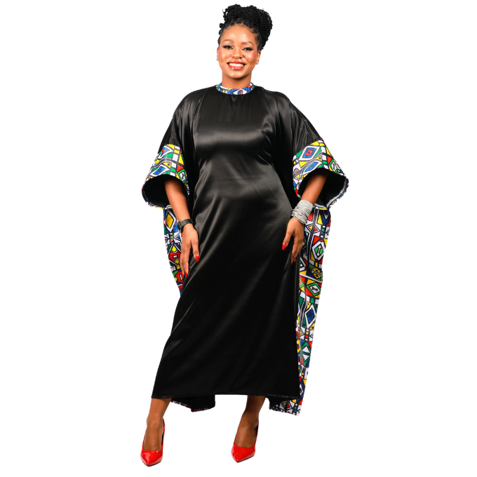 Ndebele Reloaded on Black Satin African Bubu Dress by Tribe Afrique (Kaftan) - Tribe Afrique