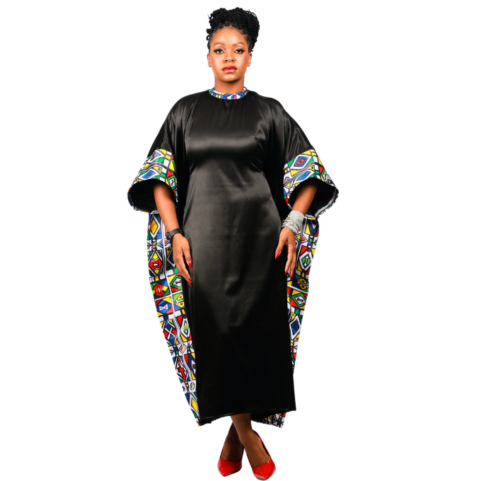 Ndebele Reloaded on Black Satin African Bubu Dress by Tribe Afrique (Kaftan) - Tribe Afrique