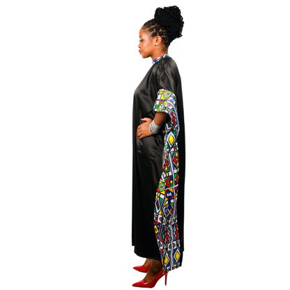 Ndebele Reloaded on Black Satin African Bubu Dress by Tribe Afrique (Kaftan) - Tribe Afrique