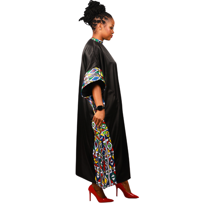 Ndebele Reloaded on Black Satin African Bubu Dress by Tribe Afrique (Kaftan) - Tribe Afrique