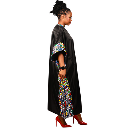 Ndebele Reloaded on Black Satin African Bubu Dress by Tribe Afrique (Kaftan) - Tribe Afrique