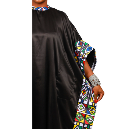 Ndebele Reloaded on Black Satin African Bubu Dress by Tribe Afrique (Kaftan) - Tribe Afrique