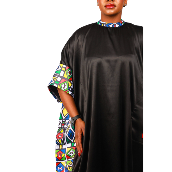 Ndebele Reloaded on Black Satin African Bubu Dress by Tribe Afrique (Kaftan) - Tribe Afrique