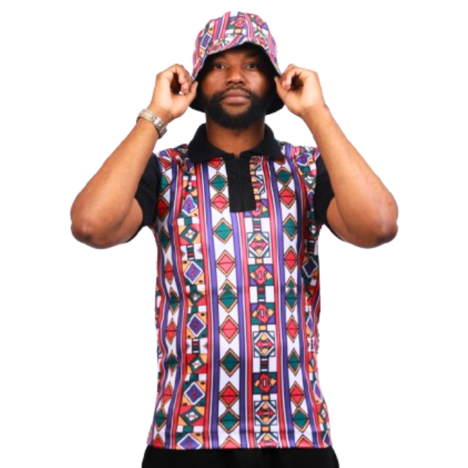 Full Ndebele Heritage African Golf Shirt with Matching Bucket Hat by Tribe Afrique - Tribe Afrique