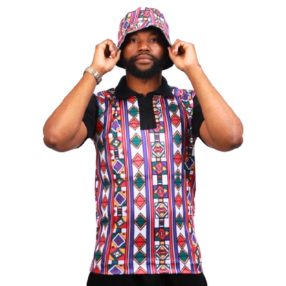 Full Ndebele Heritage African Golf Shirt with Matching Bucket Hat by Tribe Afrique - Tribe Afrique