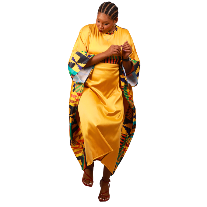 Kente on Yellow Satin Bubu Dress by Tribe Afrique (Kaftan) - Tribe Afrique