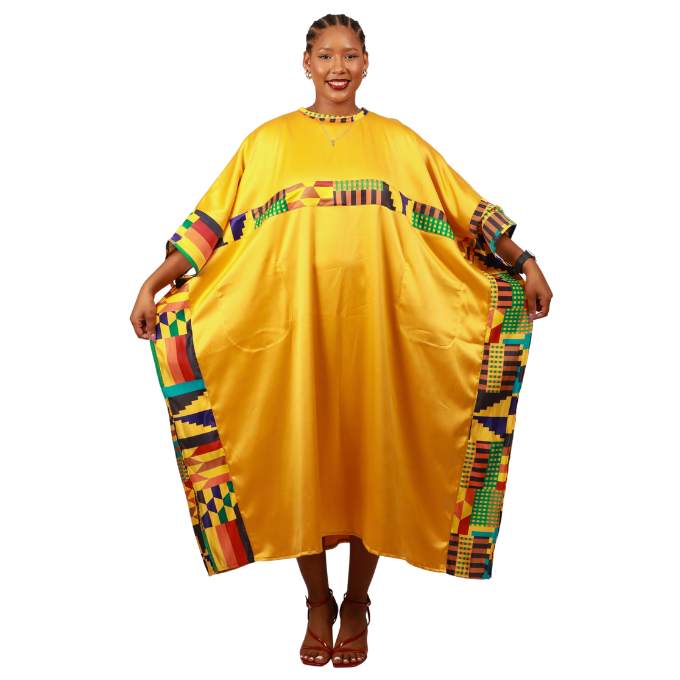 Kente on Yellow Satin Bubu Dress by Tribe Afrique (Kaftan) - Tribe Afrique