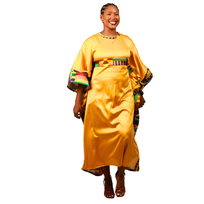 Kente on Yellow Satin Bubu Dress by Tribe Afrique (Kaftan) - Tribe Afrique