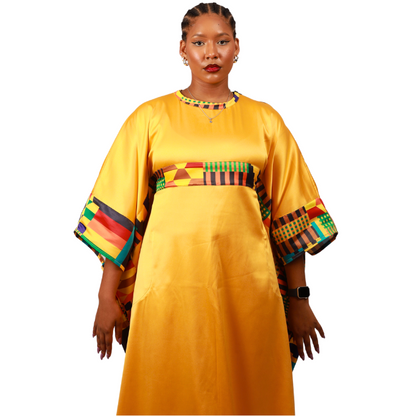 Kente on Yellow Satin Bubu Dress by Tribe Afrique (Kaftan) - Tribe Afrique