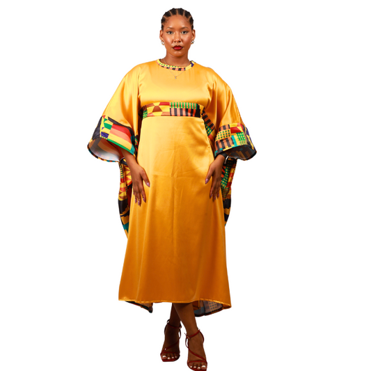 Kente on Yellow Satin Bubu Dress by Tribe Afrique (Kaftan) - Tribe Afrique