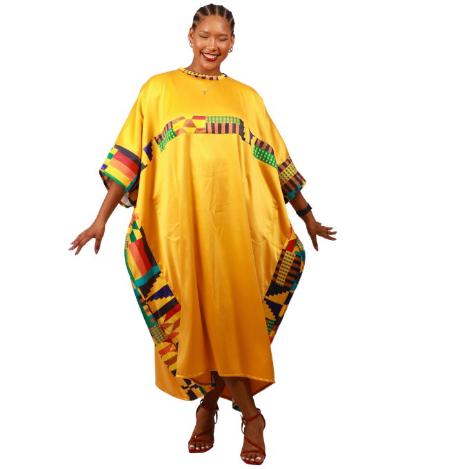 Kente on Yellow Satin Bubu Dress by Tribe Afrique (Kaftan) - Tribe Afrique