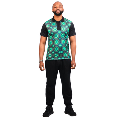 Green Ahanta ShweShwe Heritage African Golf Shirt with Matching Bucket Hat by Tribe Afrique - Tribe Afrique