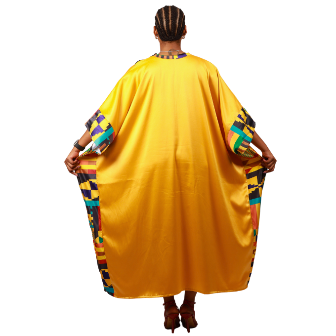 Kente on Yellow Satin Bubu Dress by Tribe Afrique (Kaftan) - Tribe Afrique
