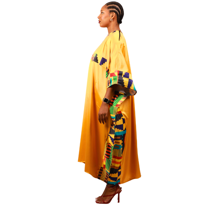 Kente on Yellow Satin Bubu Dress by Tribe Afrique (Kaftan) - Tribe Afrique