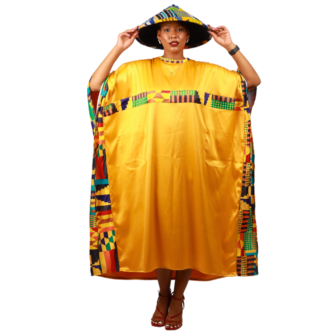Kente on Yellow Satin Bubu Dress by Tribe Afrique (Kaftan) - Tribe Afrique