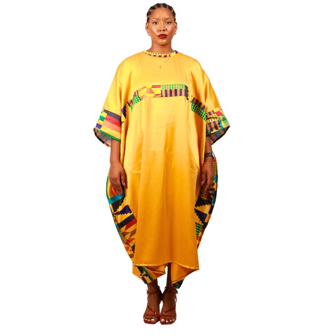 Kente on Yellow Satin Bubu Dress by Tribe Afrique (Kaftan) - Tribe Afrique