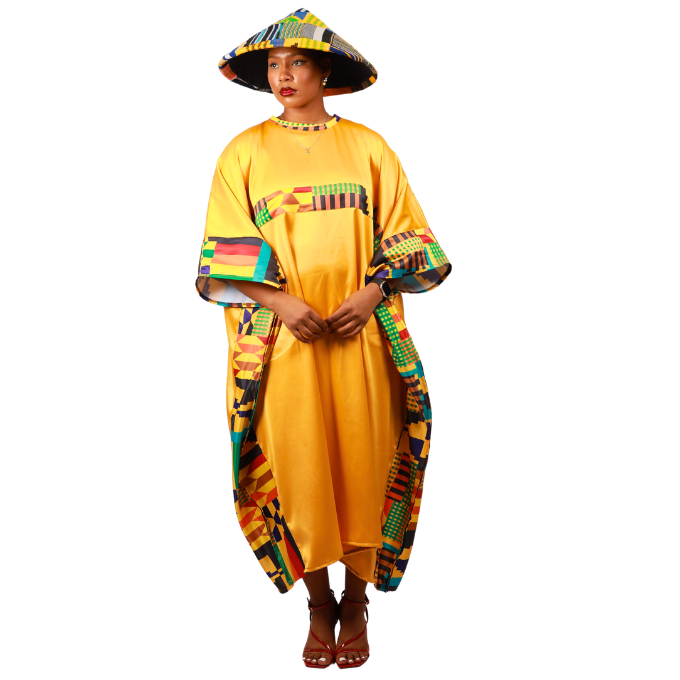 Kente on Yellow Satin Bubu Dress by Tribe Afrique (Kaftan) - Tribe Afrique