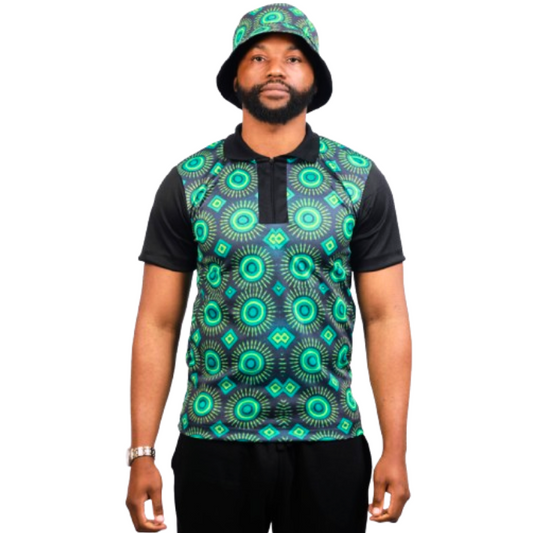 Green Ahanta ShweShwe Heritage African Golf Shirt with Matching Bucket Hat by Tribe Afrique - Tribe Afrique