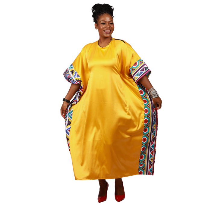 New Ndebele on Yellow Satin African Bubu Dress by Tribe Afrique (Kaftan) - Tribe Afrique