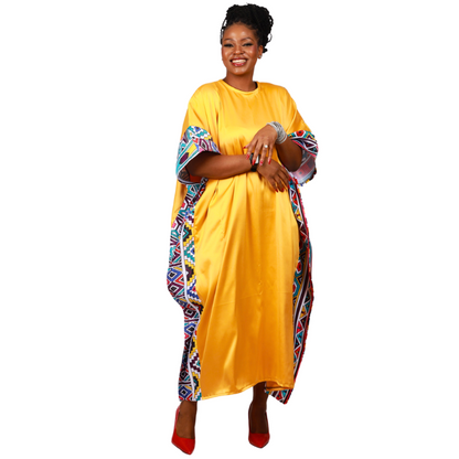 New Ndebele on Yellow Satin African Bubu Dress by Tribe Afrique (Kaftan) - Tribe Afrique