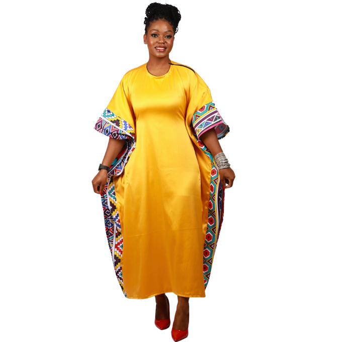 New Ndebele on Yellow Satin African Bubu Dress by Tribe Afrique (Kaftan) - Tribe Afrique