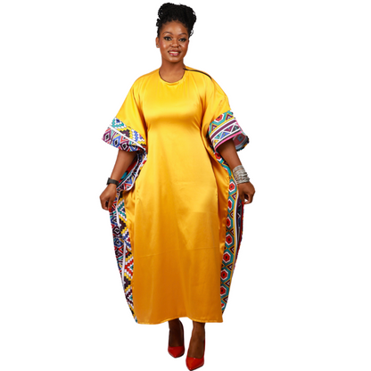 New Ndebele on Yellow Satin African Bubu Dress by Tribe Afrique (Kaftan) - Tribe Afrique