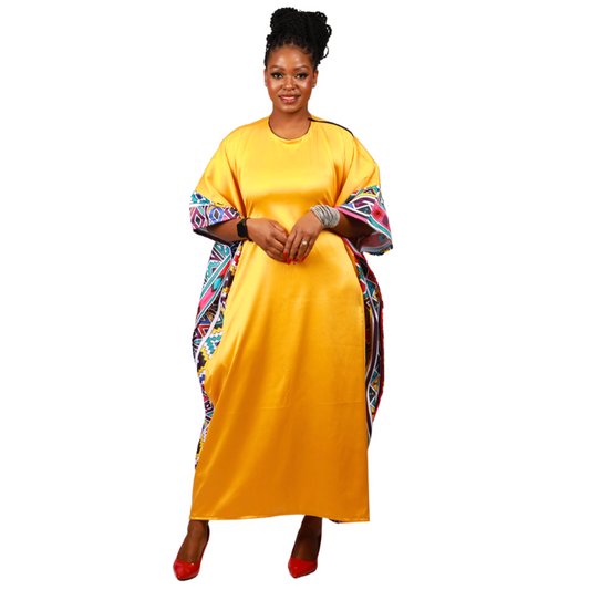 New Ndebele on Yellow Satin African Bubu Dress by Tribe Afrique (Kaftan) - Tribe Afrique